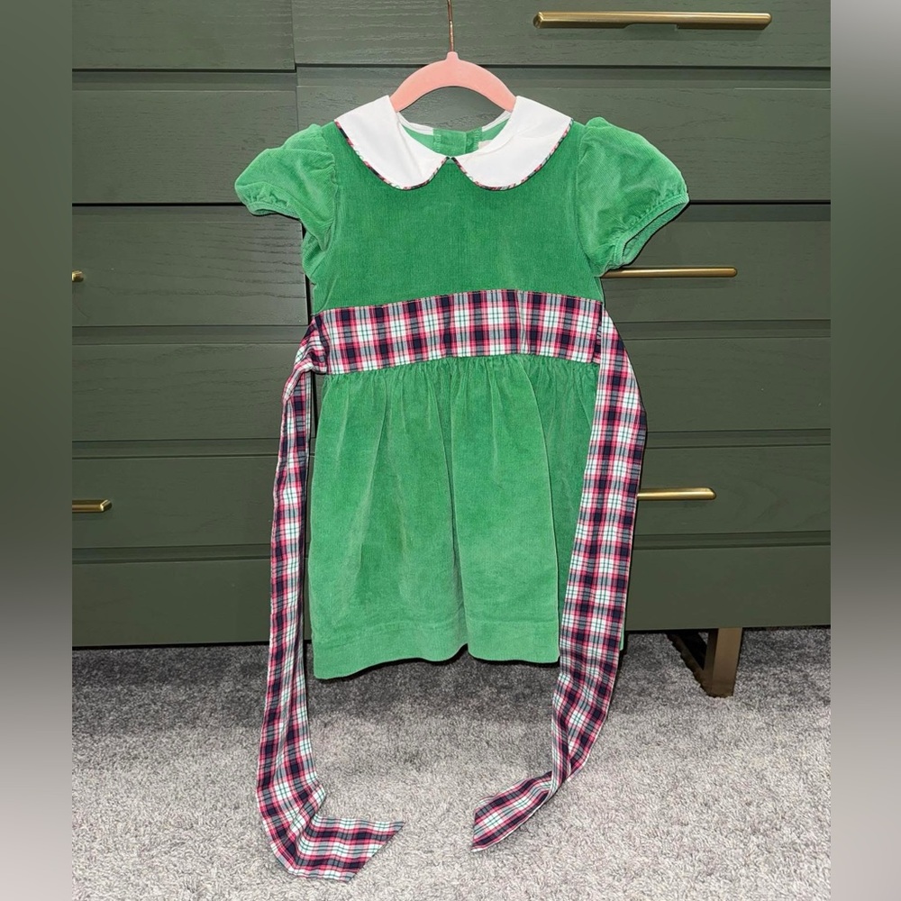 Cindy Lou Sash Dress (Corduroy) Kiawah Kelly Green With Petersburg Plaid size 5